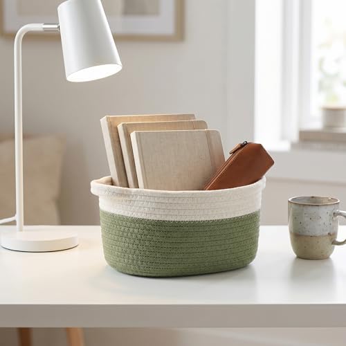 Small Cotton Rope Basket - White Woven Storage Basket with Handles, Desktop Organizer for Keys, Remotes, Makeup, Soft Decorative Bin for Bathroom, Office Shelf (White/Green) - Image 5