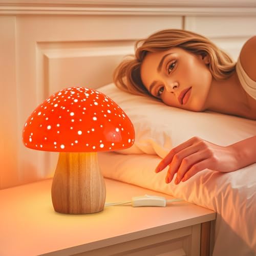 BOHON Mushroom Lamp Ceramic Bedside Table Lamp, Red - Image 7