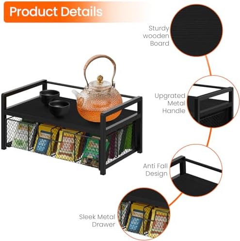 Homode Wood Tea Bag Organizer, Teabag Holder with Drawer, Tea Organizers and Storage Box, 8 Compartments Tea Caddy Station Chests Display Container for Counter Kitchen, Black - Image 5