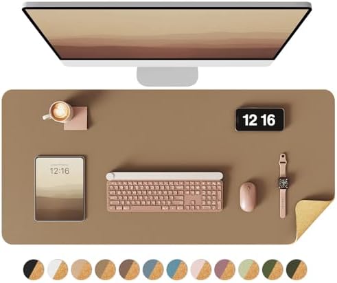 YSAGi Double-Sided Desk Pad, 35.4"x17"Leather Desk Mat, Eco Cork Desk Pad Protector,Large Mouse Pad,Waterproof Desk Blotter for Office/Home(Khaki) by YSAGi