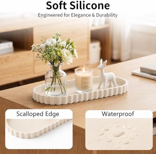 Silicone Bathroom Tray - 12''x5.3'' Oval Vanity Tray for Bathroom Countertop, Kitchen Countertop Tray with Scalloped Edge, Elegant Bathroom Holders and Organizers for Toilet Top, Bathtub Caddy, Beige - Image 3