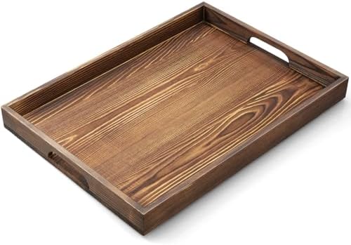 17 Inch Burnt Wood Serving Tray with Handles - Large Wooden Tray for Ottoman, Breakfast in Bed, Dinner, Coffee Table - Decorative Brown Rectangular Tray for Living Room Entryway and Kitchen Decor by Unknown