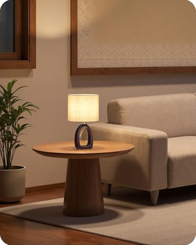 Small Table Lamp, 14.2" Cute Little Desk Lamp, Wood Bedside Lamp with Beige Linen Lampshade & Dark Walnut Base, Modern Nightstand Lamp for Bedroom, E26 Base, Bulb Not Included, STE07TL05 - Image 2