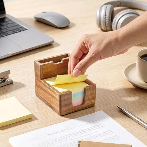 Acacia Wood Sticky Note Holder with Pen Slot, 3x3 Sticky Note Dispenser for Desk, Non-Slip Pads Office Storage Organizer - Image 4
