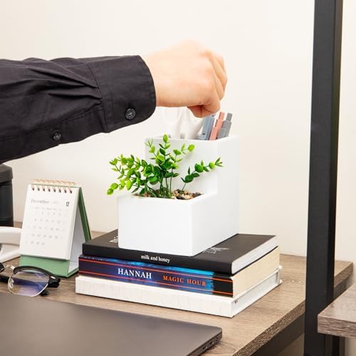 Mind Reader Ceramic Desktop Planter Pencil Cup, Desk Organizer with Faux Succulent, White - Image 6