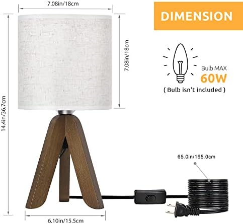 HAITRAL Wooden Tripod Table Lamp with Brown Base, Small Table Lamp,13.4Inch - Image 3