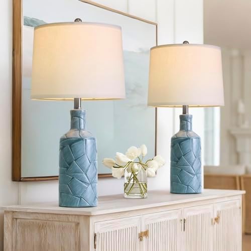 PoKat 26'' Farmhouse Ceramic Table Lamps Set of 2, Blue Bedside Lamps for Living Room, Nightstand Lamps for Bedroom Night Stands, Bedroom Lamps for Side Table End Table Hallway, Blue by Pokat