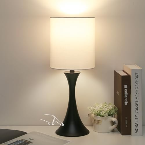 Seaside village 3 Way Touch Control Table Lamp, Modern Bedside Lamp for Bedroom, Dimmable Black Nightstand Lamp White Shade Desk Reading Light for Living Room Office Dorm, 3000K LED Bulb Included by Seasidevillage