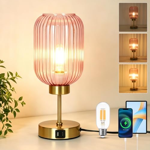 LAMSU Vintage Pink Table Lamp Touch Control, Small Glass Desk Lamp with Bulb, Charging Port, Mid Century Modern Bedside Lamp, 3 Way Dimmable Nightstand Lamp for Bedroom Living Room Home Decor by LAMSU