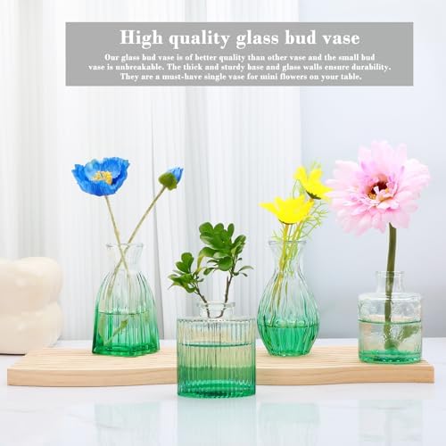 Glass Bud Vases Set of 4, Small Green Flower Vases for Wedding Centerpiece - Image 4