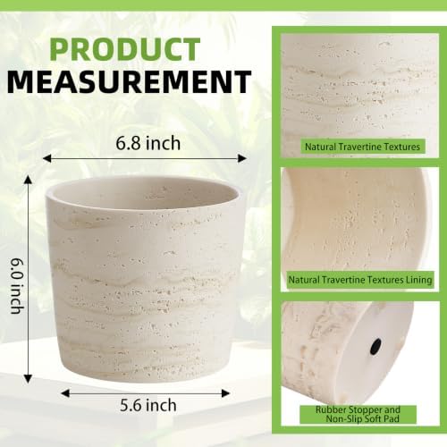 Ekirlin 7 Inch Natural Travertine Textures Plant Pot, Resin Outdoor Planter with Drainage Hole, Removable Rubber Stopper and Non-Slip Soft Pad,Weatherproof Decorative Pot for Indoor/Garden Plants - Image 4