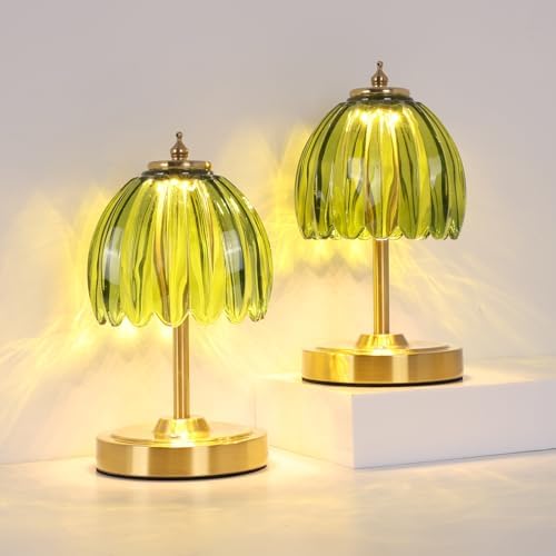 Shenmoyl Set of 2 Tulip Table Lamp with 5200mAh Battery & Touch Control, Cordless Small Table Lamp with 3 Colors, Rechargeable Battery Operated Table Lamps for Nightstand, Bedroom (Green Tulip) by Shenmoyl