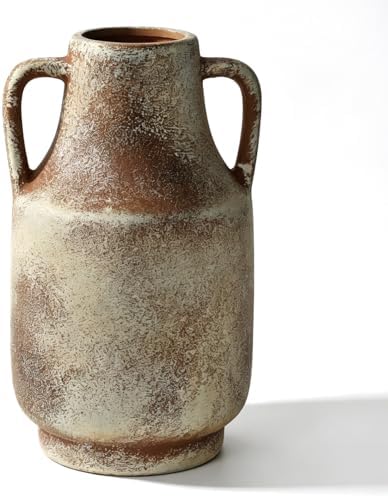 Farmhouse Vase with Handles, 11 Inch Large Terracotta Pot, Rustic Ceramic Floor Vase for Dried Branches & Florals, Neutral Centerpiece for Living Room, Entryway, Coffee Shop DecorG by Zipper
