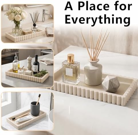 Bathroom Vanity Tray - 9.4''x3.9'' Silicone Bathroom Tray with Scalloped Edge, Counter Top Tray for Vanity Sink Countertop, Decorative Organizer for Cosmetics Jewelry, Rectangular, Beige - Image 5