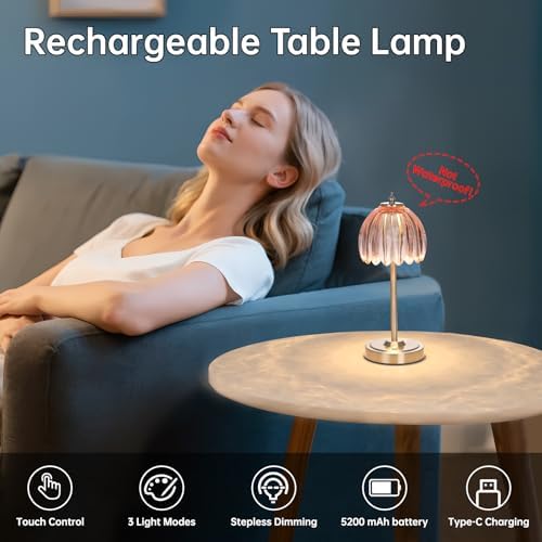 Shenmoyl Tulip Table Lamp with 5200mAh Battery & Touch Control, Cordless Small Table Lamp with 3 Colors, Dimmable Rechargeable Table Lamps for Living Room, Bedroom, Desk, Bedside (Clear Pink Tulip) - Image 2