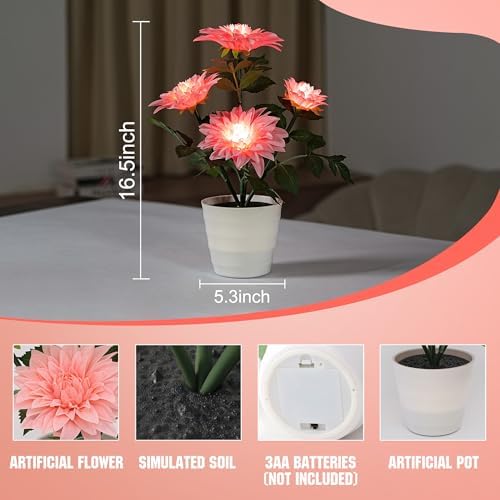 Artificial Pink Dahlia Flower Lamp Light for Bedroom Bar Coffee Shop Wedding Decor, Gifts for Women Mom Daughter Grandma Aunt Girlfriend Coworker Friend Birthday Christmas Valentines Mothers Day - Image 2