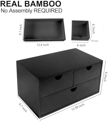 Charmewooden Bamboo Desk Organizer with 3 Drawers, Countertop Organizer with Drawers Makeup Storage Drawer 3 Drawer Tabletop Storage Organization Box Home Office Workspace（Black） - Image 2