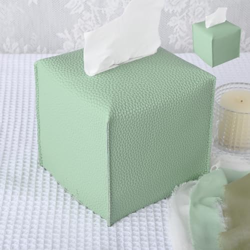 HOMOTEK 2 Pack Tissue Box Cover, Square PU Leather Tissue Holder, Decorative Facial Tissue Cube Paper Organizer Dispenser for Bathroom, Night Stands, Desk, Car 5X5X5'' - Mint Green, Pebble Grain by HOMOTEK
