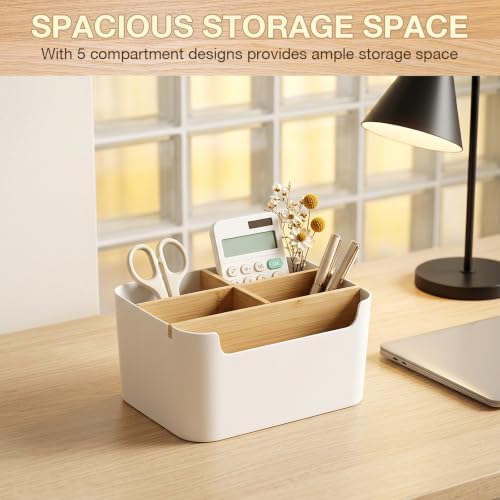 Cozary Bamboo Desk Organiser, Office Organiser with 5 Compartments, Pen Holder Desk for Office, Home and School, Desk Organiser Compact (18.2 x 14.6 x 9.3 cm) - Image 2