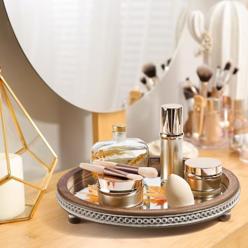 KULEDM Handmade Wooden Serving Tray, Small Beaded Coffee Table Tray Decor, Mirror Round Decorative Tray for Coffee Table, Dining Room Table Entryway and Living Room Table, TR700 - Image 5