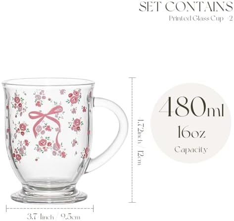 KEMORELA Pink Bow Glass Coffee Mugs Set,Cute Tea Cup with Handle,Gifts - Image 3