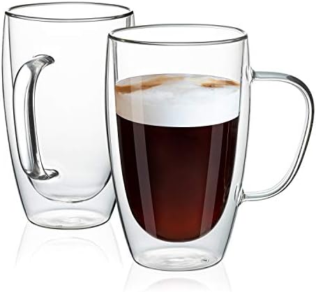 MEWAY 16oz/2 pack Coffee Mugs,Thickened Clear Glass Double Wall Cup with handle for Coffee, Tea, Latte, Cappuccino (16 oz，2) by MEWAY