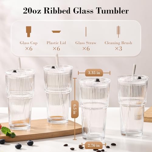 20oz Iced Coffee Cups with Lids, Ribbed Glass Cups with Lids and Straws - Image 6