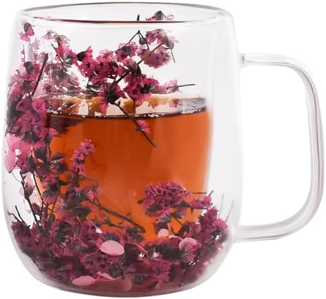Real Flower Glass Tea Cup, 13 oz Double Wall Glass Coffee Mug with Preserved Flowers, Borosilicate Floral Cup, Gift for Women by Unknown