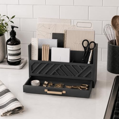 BLU MONACO | Wooden Mail Organizer with Drawer Gold Handle | Mail Sorter Organizer Countertop and Outgoing Mail Holder | Tabletop Organizer with Drawers Grey Desk Storage - Image 6