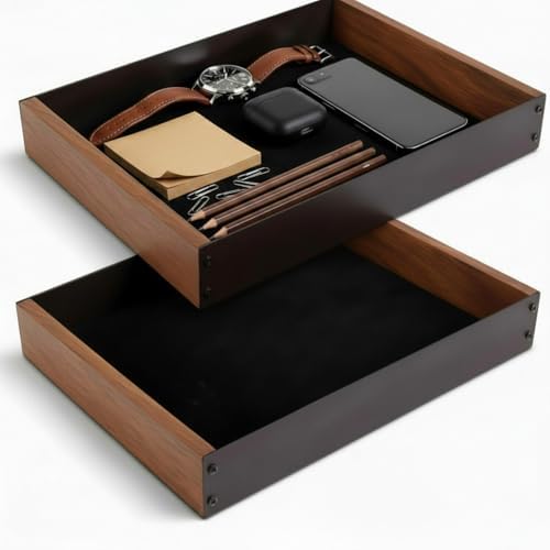 Geelin 2 Pack Desk Drawer Organizer, Valet Tray for Men, Nightstand Tray Acacia Wooden and Metal Entryway Bedside Dump Holder Accessories for Wallets, Keys, Watches, Phones, Loose Change, Trinkets by Geelin