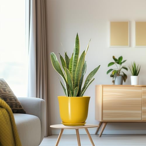 Ceramic Pots for Plants - 8 Inch Plant Pot for Indoor Outdoor, Round Planter with Drainage Hole and Tray, Decorative Flower Pot, Modern Planter, Home Patio Decor, House Warming Gift, Yellow - Image 5