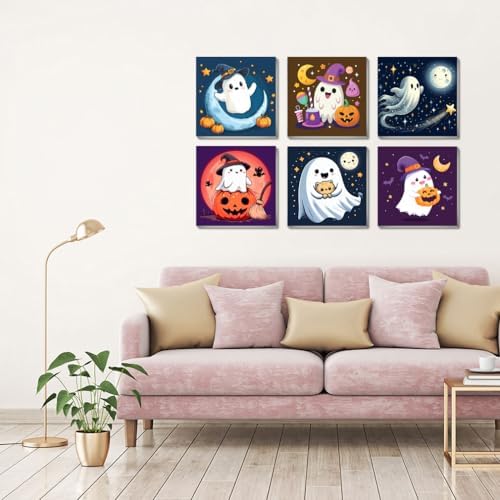 FQOVKYN 6 Pcs Framed Halloween Paint by Numbers Kits for Beginners, Ghosts Adults' Paint-by-Number Kits on Canvas, Easy Acrylic Oil Painting by Number for Gift Home Decor 8x8 inchs - Image 4