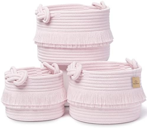 NaturalCozy 3-Piece Decorative Storage Basket Set – Pink Cotton Rope Small Woven Baskets for Organizing for Nursery Baby Stuff, Gift, Vanity, Montessori, Dog Cat Toy Bin, Planter, Bathroom Shelves by NaturalCozy
