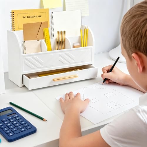 Charmewooden White Desk Organizer with Drawer, Pen Holder & Mail Sorter for Home Office - Image 2