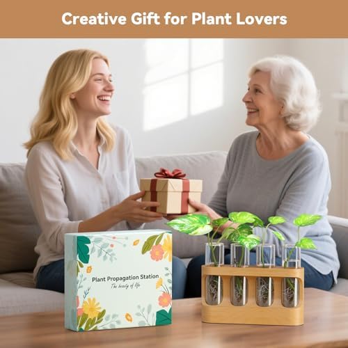 Plant Propagation Station with Wooden Stand, Gardening Gifts for Mom Women Plant Lovers, 9-Level Dimmable LED Light 4 Glass Test Tubes Vases for Hydroponic Plants - Desktop Terrarium for Desk Decor - Image 6