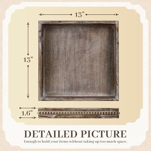 Wooden Decorative Tray, Small Serving Tray with Wood Bead, Farmhouse Big Tray for Ottoman, Countertop, Coffee Tabl, 13" x 13"x 1.6" (Retro Brown) - Image 2