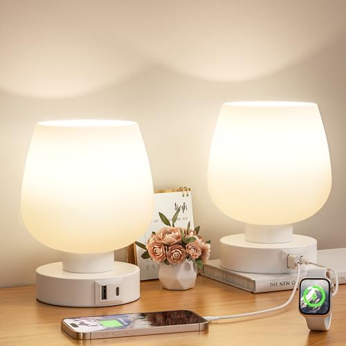 Seealle Touch Table Lamp for Nightstand Set of 2 - Bedside Lamp with USB C+A Charging Ports for Bedroom Living Room Night Stands, Desk Lamp with White Glass Shade for Small Spaces, 3 Way Dimmable by SeealleLighting