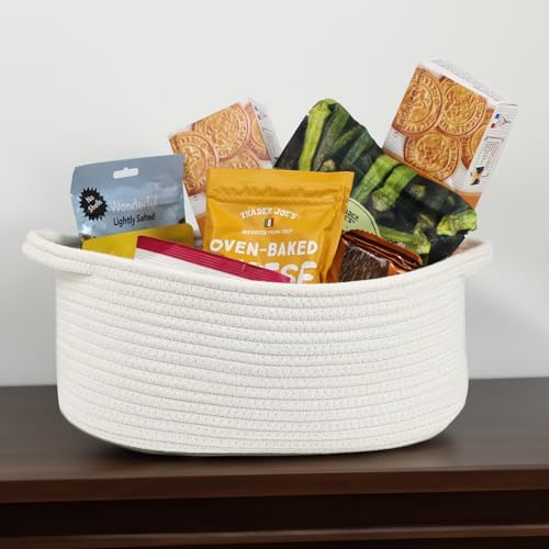 Woven Cotton Rope Storage Basket with Handle, White, 13 Inch - Image 3
