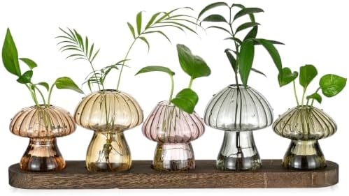 Hewory Plant Propagation Stations: 5PCS Amber Mushroom Vase with Wood Tray by Hewory