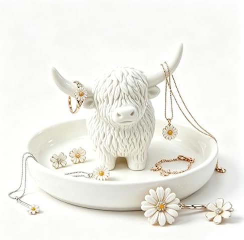 Highland Cow Gifts for Women, Ring Holder Dish for Rings, Earrings, Necklaces, Jewelry Organizer, Highland Cow Farmhouse Decor, Birthday Gifts for Women, Christmas Wedding Housewarming Present by PUDDINGCABIN