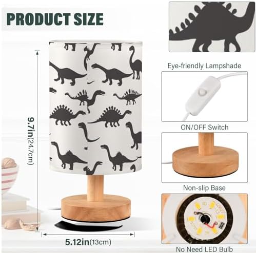 Dinosaur Silhouette T-rex Black and White Bedside Table Lamps with USB Port for Bedroom Lamp Accent Table Lamp Small Nightstand Lamp Sturdy Linen Shade Wooden Decorative Lamps for Home|Kids|Holiday - Image 4