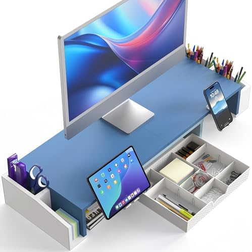 Simple Houseware Desk Dual Monitor Stand Riser with Drawer, Blue - Image 2