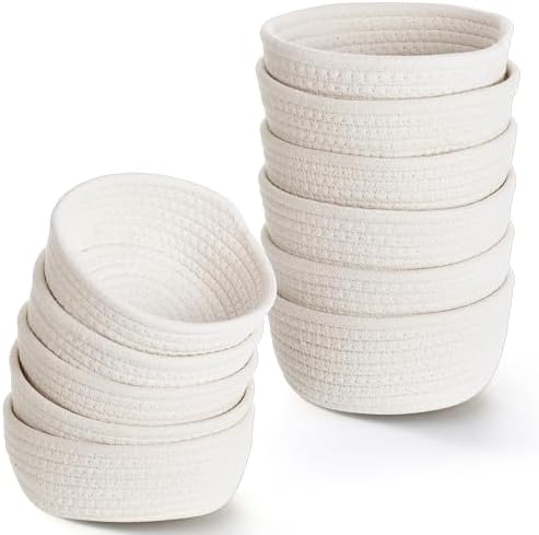 Yinkin 12 Pack Small Storage Basket Cute Natural Cotton Rope Woven Basket Tiny Boho Decorative Toy Storage Bin Gift Baskets for Home Organizing, Closet, Shelf, Nursery, Bathroom(Round,Beige) by Yinkin