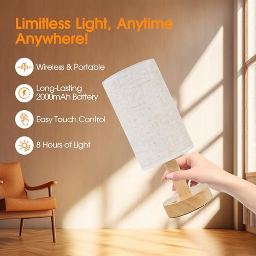 Small Cordless Touch Bedside Table Lamps Set of 2,Minimalist Dimmable Battery-Powered Desk Lamps with Round Fabric Linen Shade,Mini Nightstand Warm Night Lights for Bedroom,Home,Living Room,Office - Image 4