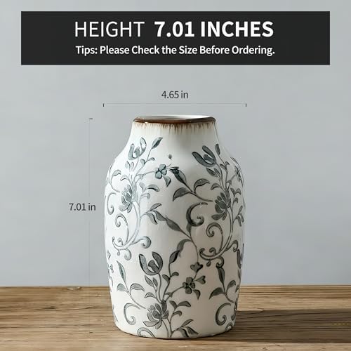 SIDUCAL Ceramic Vintage Vase, 7 Inch Retro Ice Cracked Chinoiserie Floral Vase, Rustic Farmhouse Vases for Home Decor, Bookshelf, Office, Garden, Chinoiserie Decor, Tuscan Decor, Gray Floral Pattern - Image 2