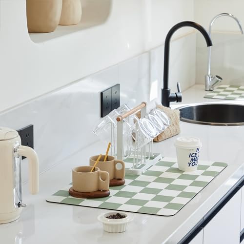 Ohocut Checkered Dish Drying Mat for Kitchen Counter, Coffee Bar Station Accessories, Retro Cute Aesthetic Modern Absorbent Drainer Mat Kitchen Drying Mat Easy Clean, Sage 12" x 19" by Ohocut