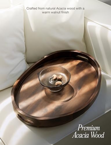 TIDITA Acacia Oval Wooden Serving Tray with Handle, 16.5"x13", Walnut Color - Image 6