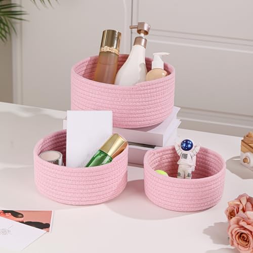 YMhoart Small Basket Cotton Rope Woven Baskets for Organizing Cute Mini Tiny Baskets for Nursery Decorative Boho Round Storage Bathroom Organization Bin Open Storage Bins (Pink) - Image 5