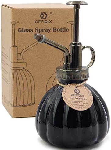 OFFIDIX Plant Mister Flower Watering Can, 6.3" Tall Vintage Pumpkin Style Black Color Glass Spray Bottle & Bronze Plastic Top Pump Ideal for Watering Small Plants Inside Home or Office by Offidix