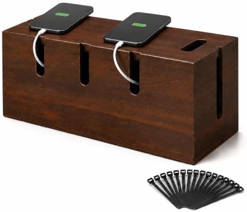 Large Wood Cable Management Box, Wooden Cord Hider Box for Power Strips, Walnut Finish Cable Organizer with 20 Reusable Ties for Desk, Floor & Home Office by Paviro